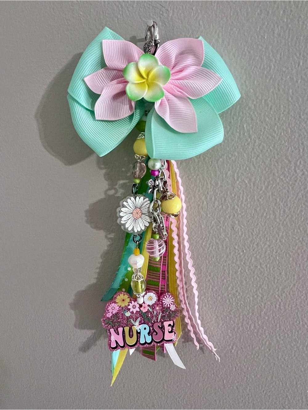 Handmade Nurse Keychain/Purse  Charm with Pink & Mint Flower Bow